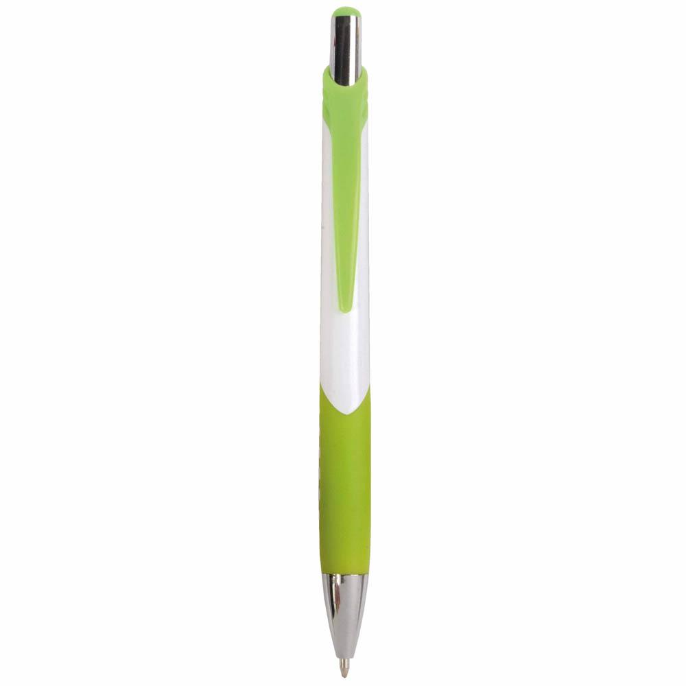 Penna a scatto in plastica con fusto bianco, impugatura gommata e colorata Penna a scatto in plastica con fusto bianco, impugatura gommata e colorata
